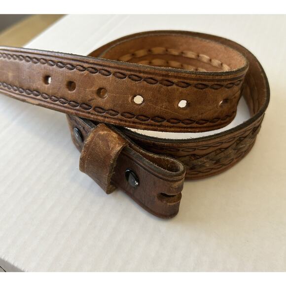 vintage TOOLED buckle belt 34 cowhide WESTERN braided RODEO brown COWBOY - Picture 3 of 15